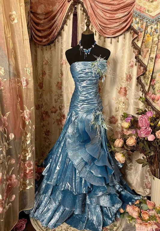 Stunning Mermaid Strapless Tiered Blue Satin Prom Dress Graduation Prom Dress DP2079