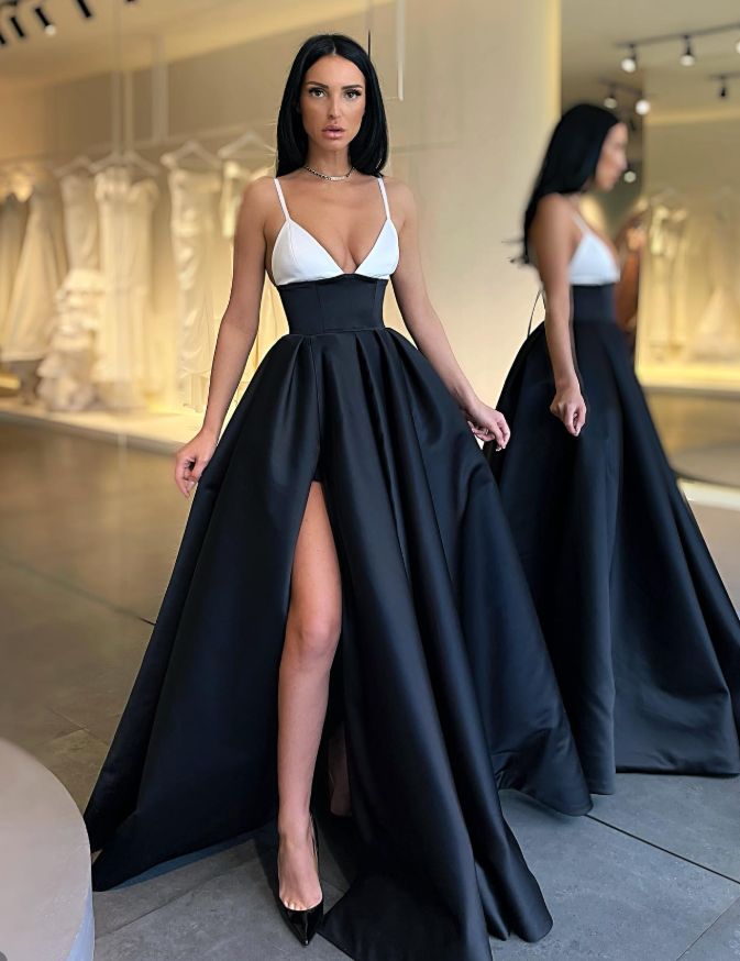 Classic Black-white A Line Spaghetti Strap Satin Slit Prom Dress Evening Dress DP5400