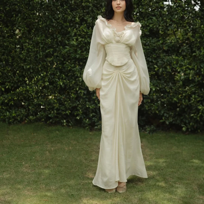 Vintage Ivory Mermaid Long Sleeve Satin Long Prom Dress Party Dress Outfits DP4522