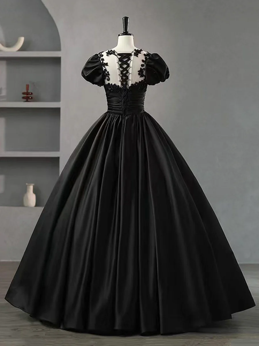 Black Scoop Neckline Satin Lace Beaded Long Prom Dress Party Dress Ball Gown DP397