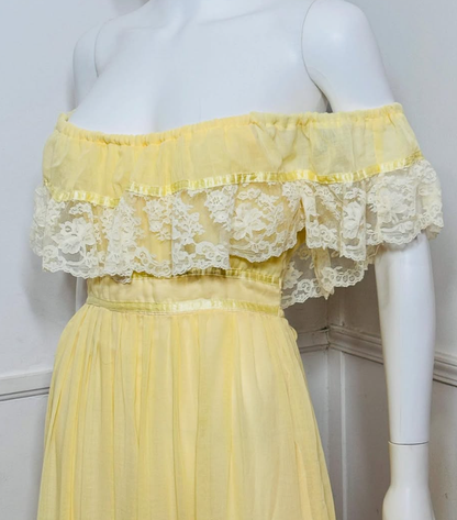 1970s Pale Light Yellow Tulle Lace Vintage Prom Dress Outfits DP3397