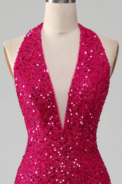 Mermaid Halter Sequin Satin Prom Dress With Slit DP775