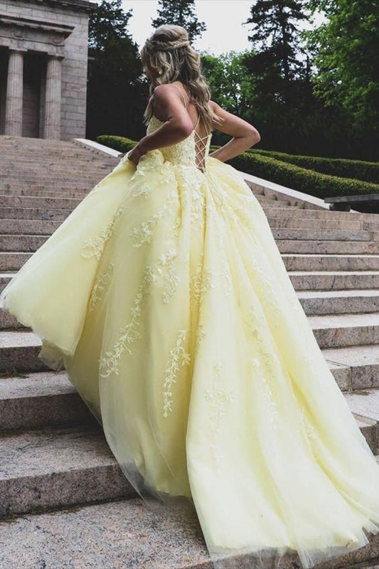 Yellow A Line Applique Lace Tulle Long Prom Dresses Evening Dress DP1020