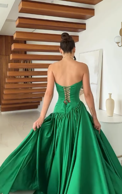 Green A Line Sweetheart Neck Satin Prom Dress Evening Dress with Slit DP4343