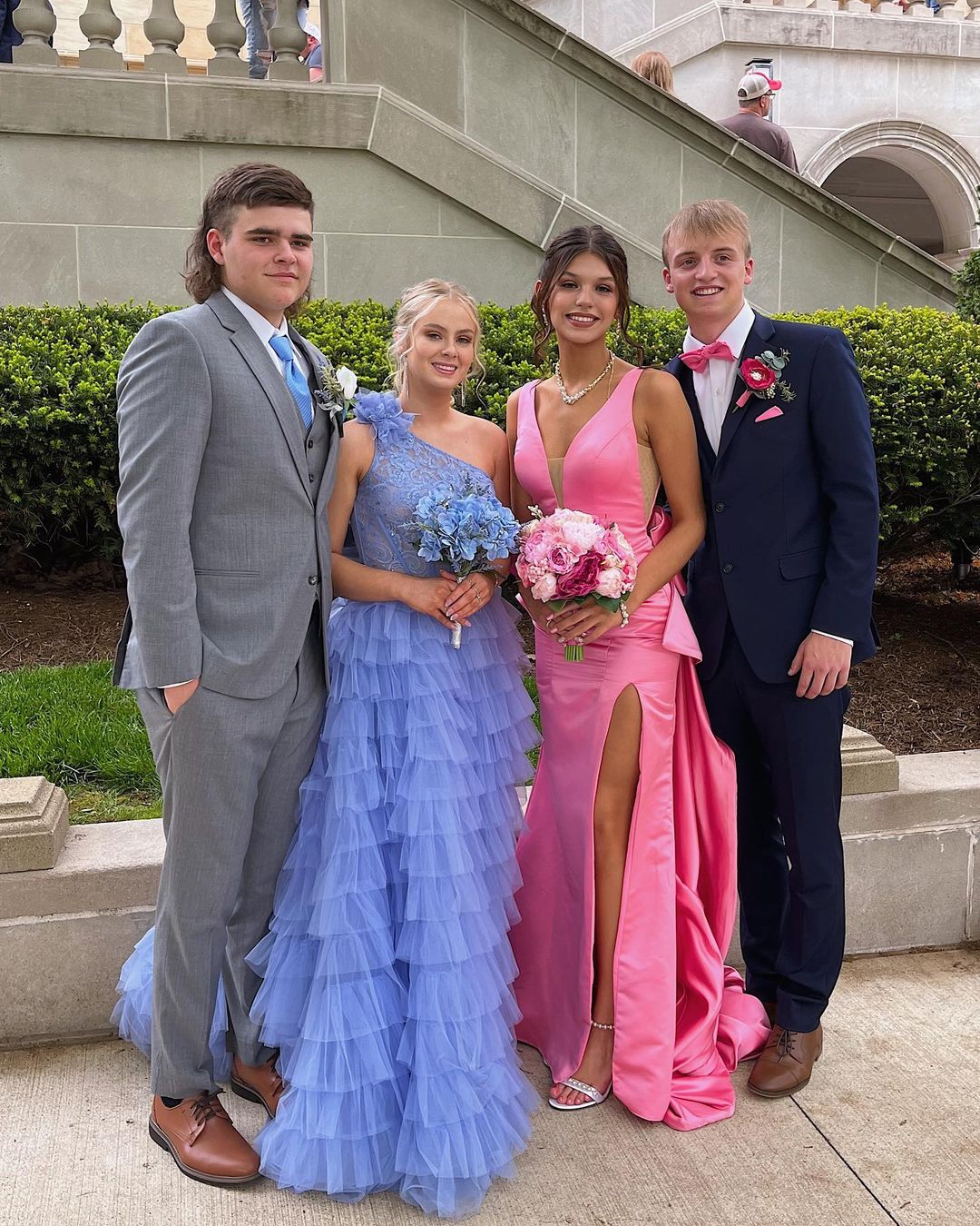Mermaid V Neck Pink Satin Long Prom Dresses with Big Bow DP1094