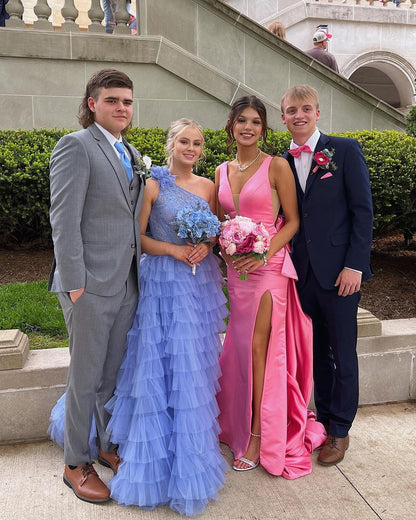 Mermaid V Neck Pink Satin Long Prom Dresses with Big Bow DP1094