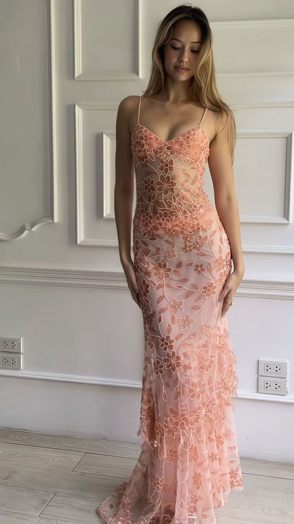 Exquisite Pink Floral Beaded Sequin Tulle Long Evening Gown Prom Gown DP2917