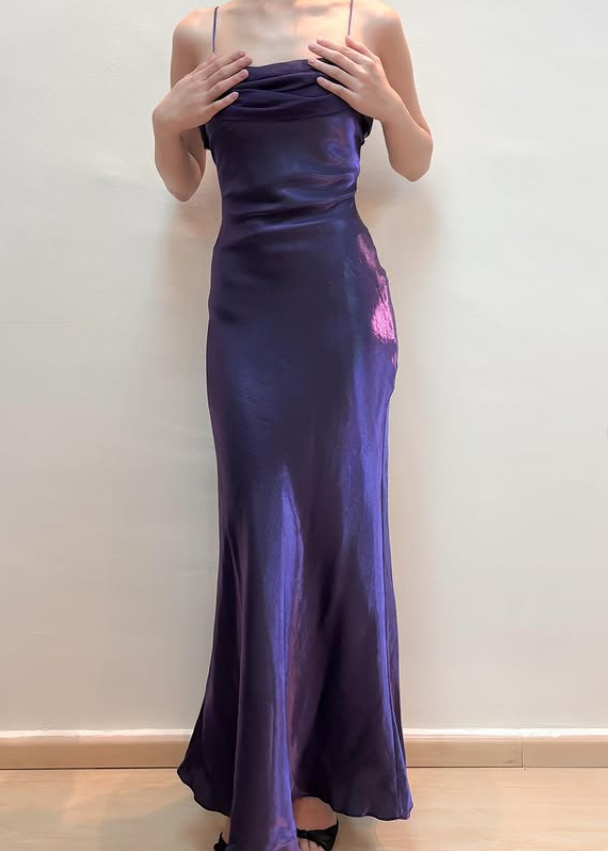 Vintage Dark Purple Simple Sheath Chiffon Satin Prom Dress Evening Dress Date Dress DP5279