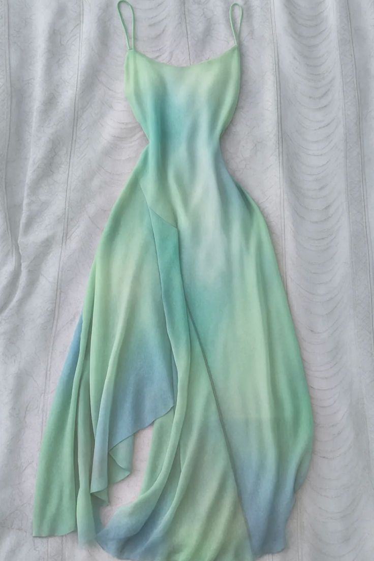 Summer Green Blue Ombre A Line Spaghetti Straps Chiffon Prom Dress Evening Dress DP5517