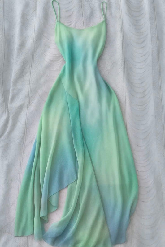 Summer Green Blue Ombre A Line Spaghetti Straps Chiffon Prom Dress Evening Dress DP5517