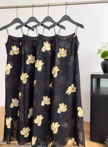 Black A Line Spaghetti Straps Yellow Floral Chiffon Vacation Dress Prom Dress Outfits DP3551
