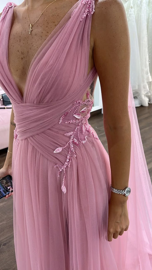 Pink  A Line V Neck Beaded Tulle Prom Dress Graduation Prom Dress DP5185