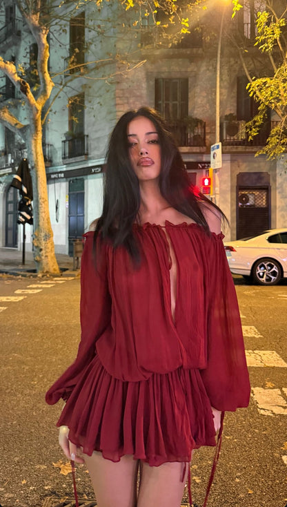 Burgundy A Line Long Sleeve Chiffon Short Prom Dress Homecoming Dress DP7135