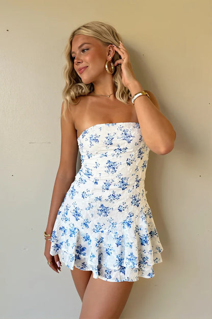 Fresh Blue Print Floral A Line Strapless Chiffon Mini Dress Homecoming Dress DP5367