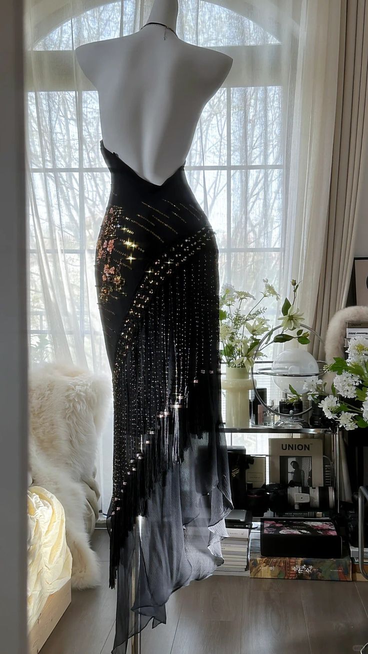 Sexy Black Mermaid Halter Exquisite Beaded Chiffon Prom Dress 21th Birthday Dress DP3902