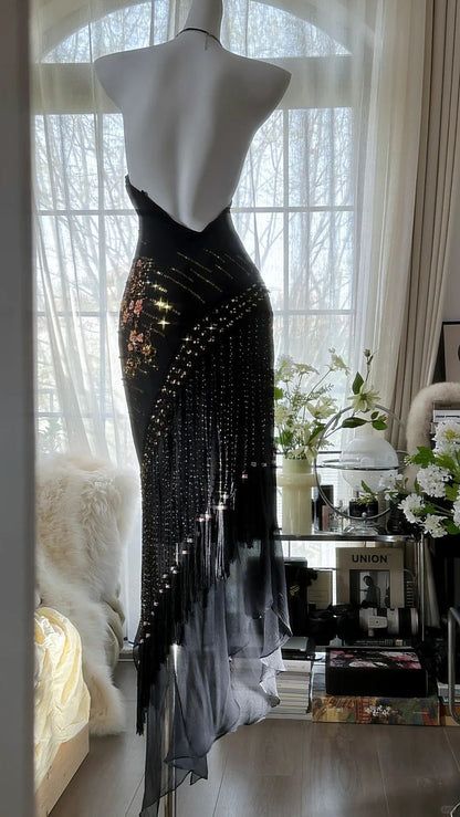 Sexy Black Mermaid Halter Exquisite Beaded Chiffon Prom Dress 21th Birthday Dress DP3902