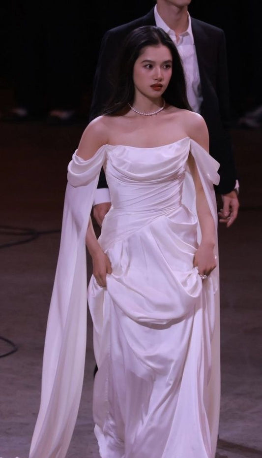 Simple White Gentle Off the Shoulder Satin Long Sweep Prom Dress Party Dress DP3058