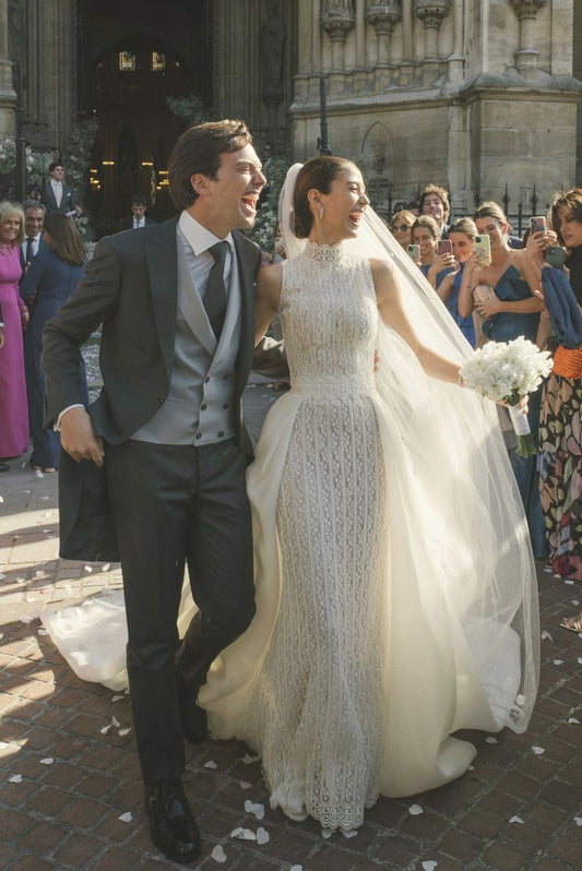 Stunning Sheath High Neck White Lace Long Prom Dress Wedding Dresses DP3663