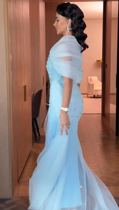 Gentle Blue Mermaid Off the Shoulder Beaded Tulle Prom Dress Evening Dress DP4341