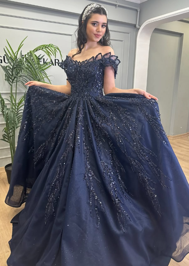 Stunning A Line Off the Shoulder Navy Blue Sequin Beaded Tulle Prom Dress Evening Dress DP1858