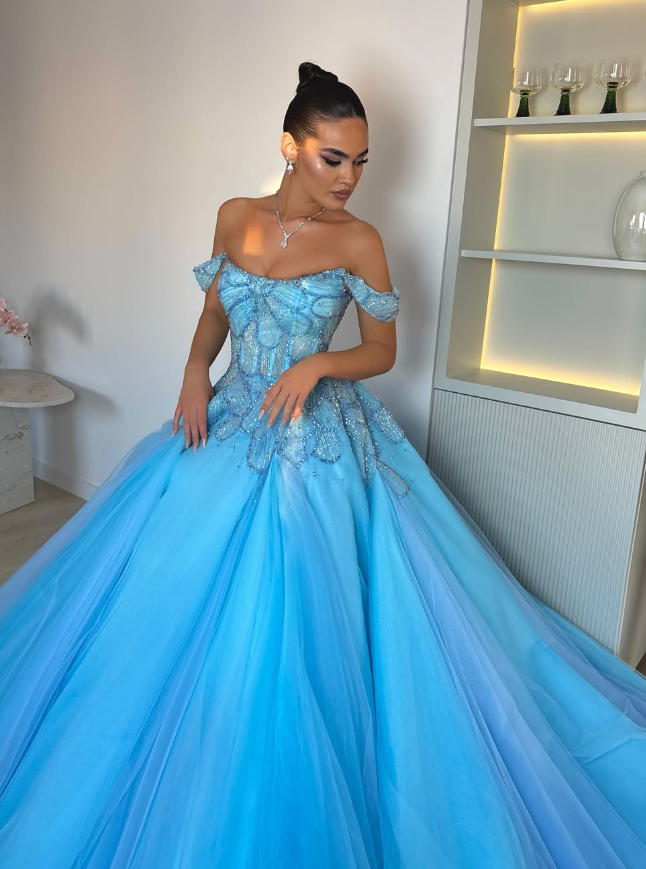 Gorgeous Ball Gown Off the Shoulder Beaded Blue Tulle Long Prom Dress Evening Dress DP1822