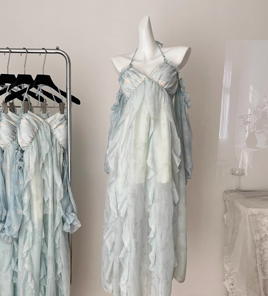Flowy Blue A Line Halter Ruffle Chiffon Vacation Dress Homecoming Dress Outfits DP3546