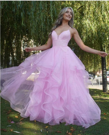Pink A Line Spaghetti Strap Ruffle Organza Backless Long Prom Dress Evening Dress Formal Dress DP3272