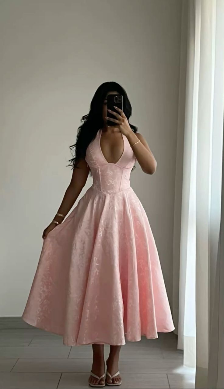 Sweety Pink A Line Halter V Neck Print Satin Prom Dress Party Dress DP7706