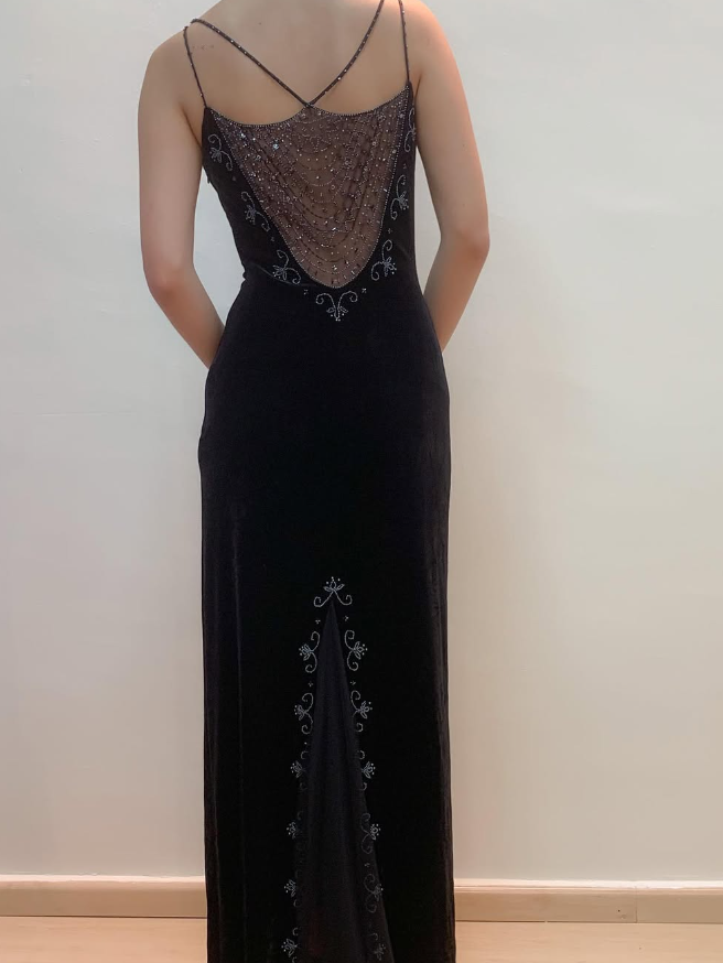 Vintage Sheath Spaghetti Strap Beaded Black Velvet Prom Dress Evening Dress DP1617