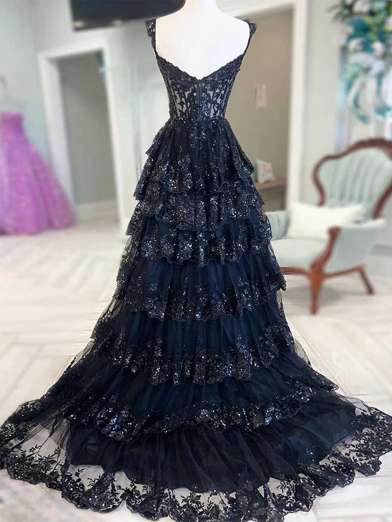 Navy Blue Tulle Sequin Layered Long Prom Dress Slit Evening Dress  DP377