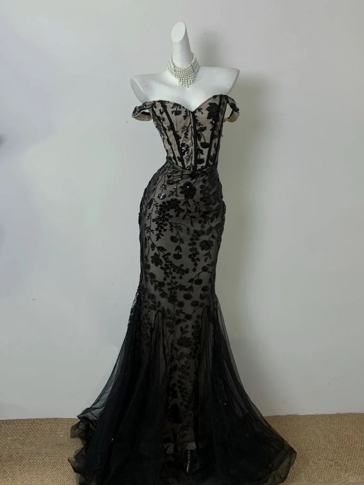 Classy Mermaid Off the Shoulder Black Sequin Tulle Long Party Dress Evening Dress DP2411