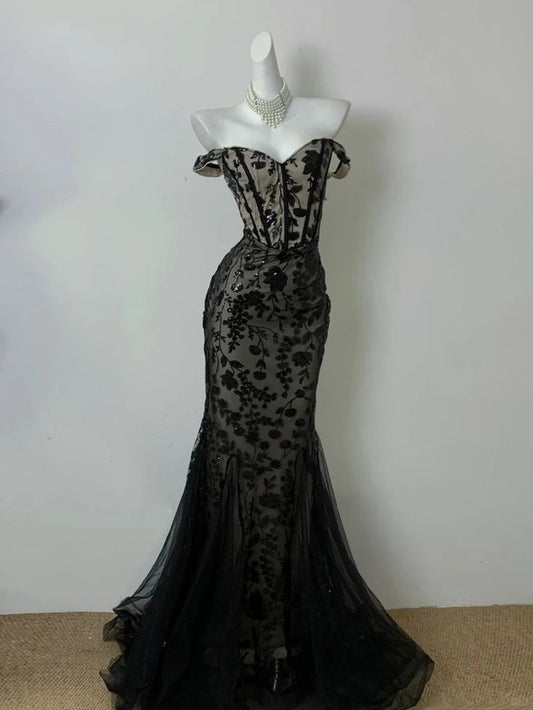 Classy Mermaid Off the Shoulder Black Sequin Tulle Long Party Dress Evening Dress DP2411