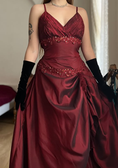 Vintage A Line Straps Appliques Burgundy Satin Prom Dress Evening Dress DP5722