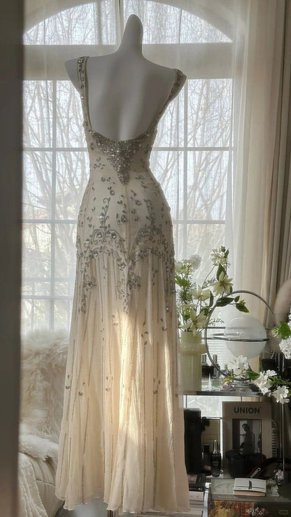 Stunning A Line Straps Rhinestone Ivory Chiffon Prom Dress Party Dress DP3607