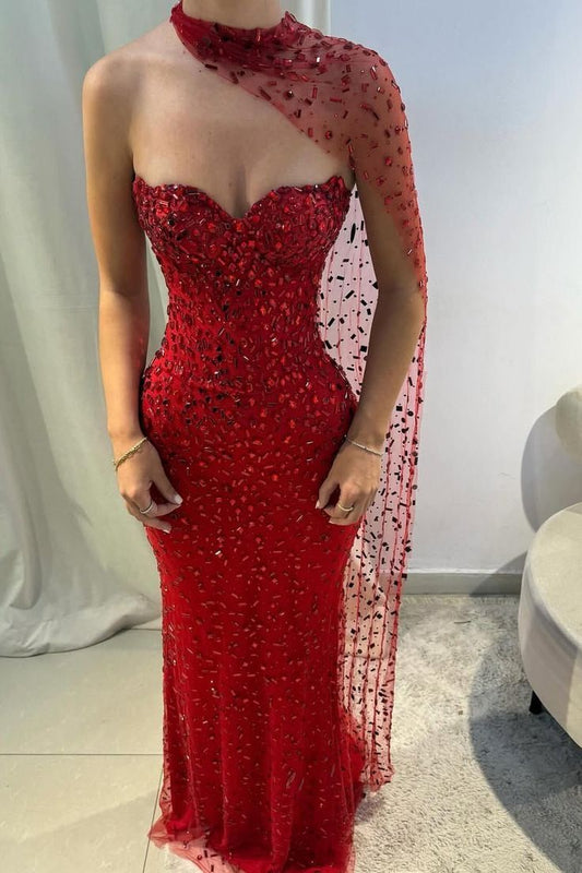 Stunning Red Sheath Sweetheart Neck Exquisite Rhinestone Tulle Long Prom Dress Evening Dress DP6683