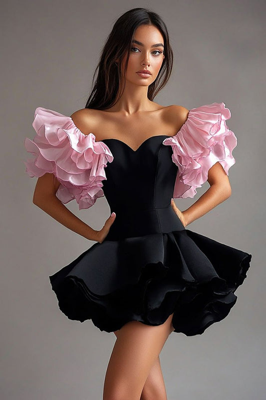 Cute A Line Off the Shoulder Pink Layered Black Satin Short Homecoming Dress Cocktail Dress DP3066