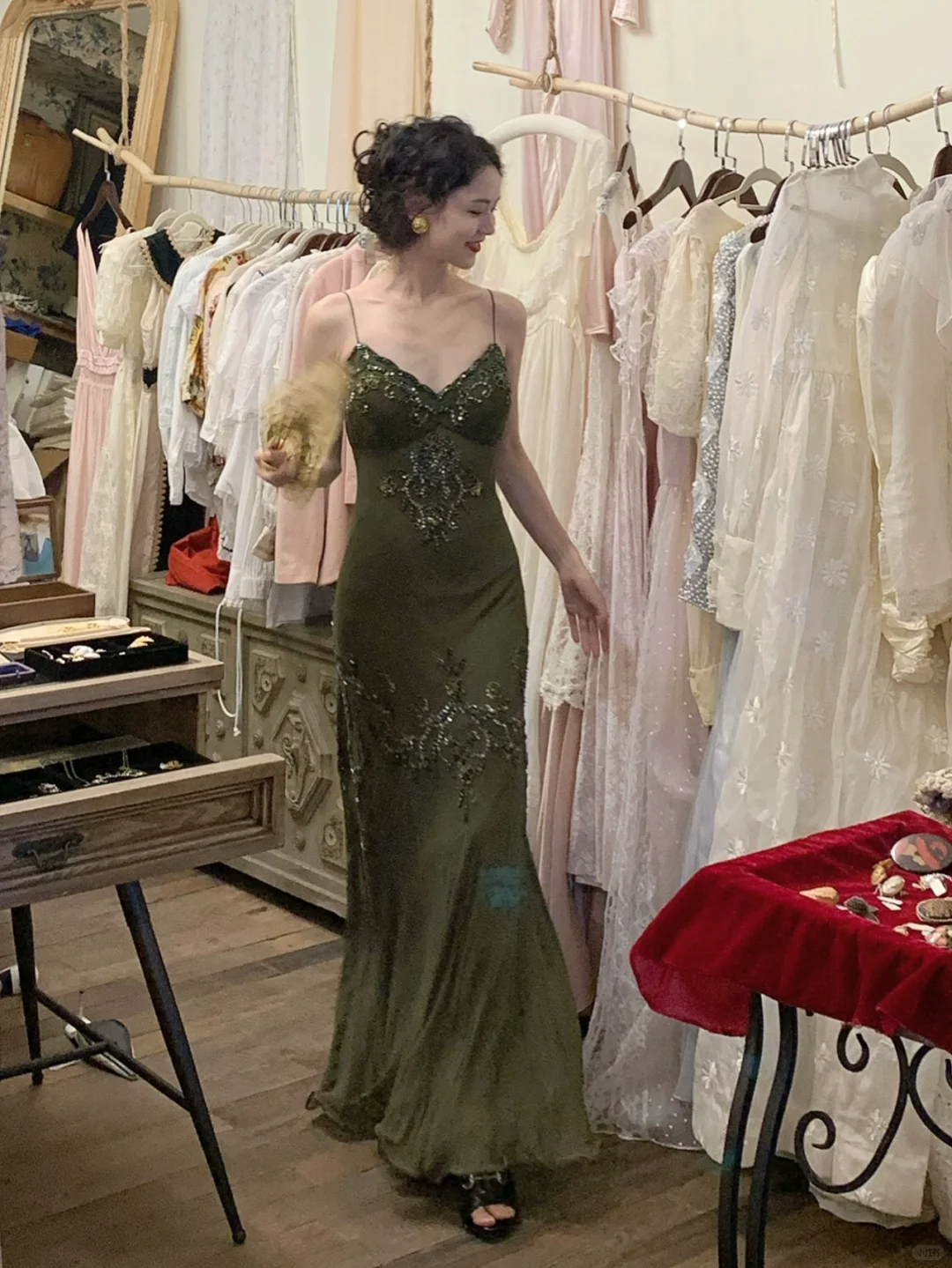Vintage Olive Green Mermaid Spaghetti Strap Exquisite Beaded Chiffon Prom Dress 22th Birthday Dress DP3929