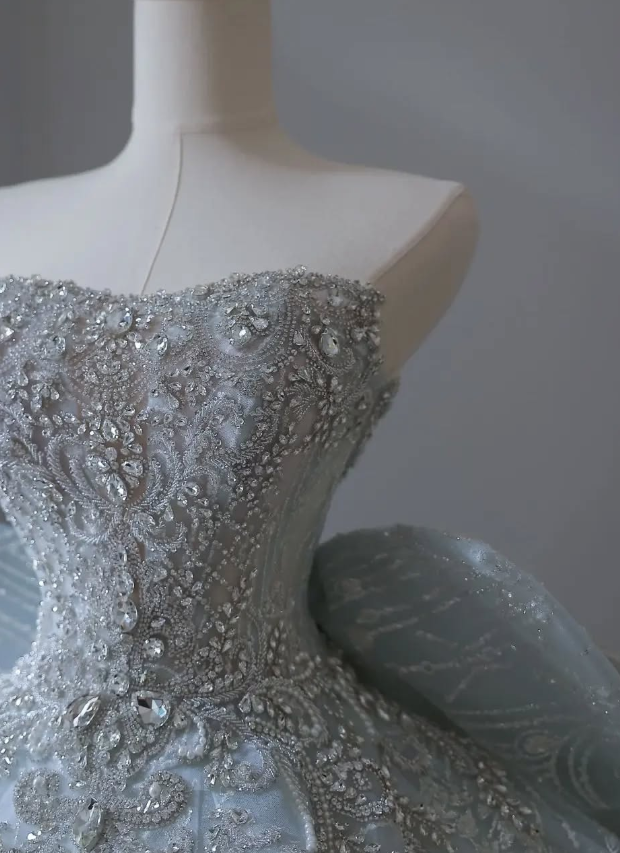 Blue Bow Ball Gown Strapless Sequin Beaded Tulle Long Prom Dress Wedding Dress DP4650