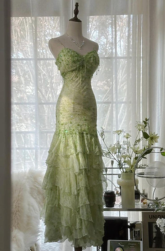 Elegant Mermaid Spaghetti Strap Beaded Tiered Green Chiffon Long Party Dress Evening Dress DP2324