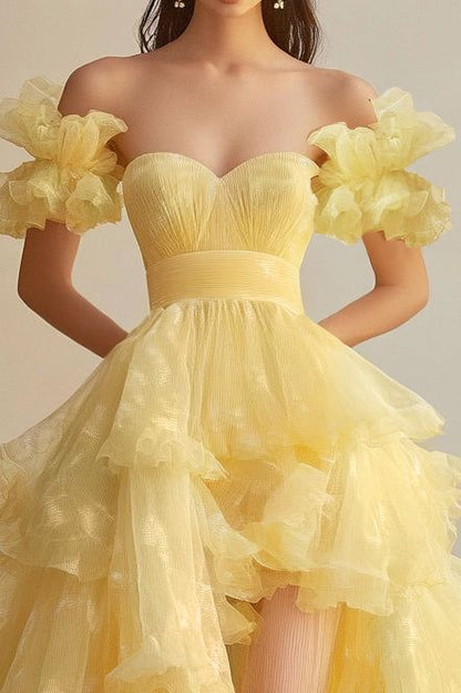 Stunning A Line Off the Shoulder Yellow Tulle Prom Dress 21th Birthday Dress with Slit DP3890