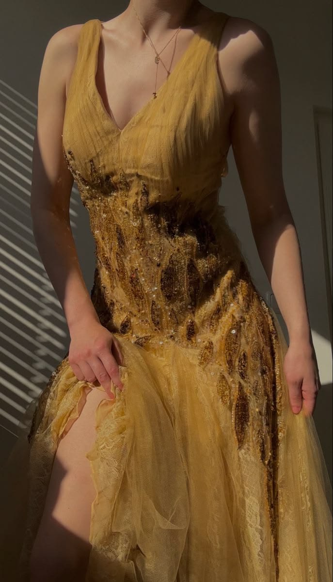 Chic A Line V Neckline Yellow Tulle Long Evening Dress Prom Dresses DP7537