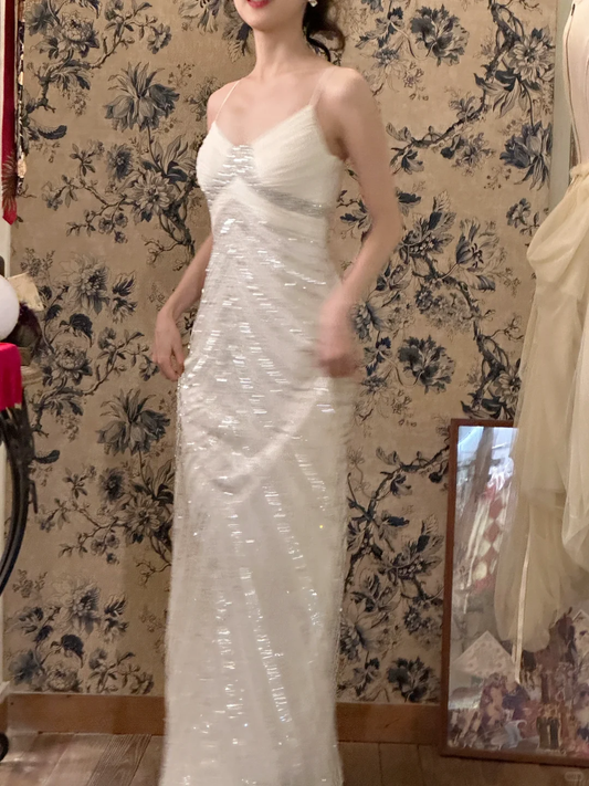Gentle Sheath Spaghetti Strap Beaded White Chiffon Prom Dress Party Dress DP3711
