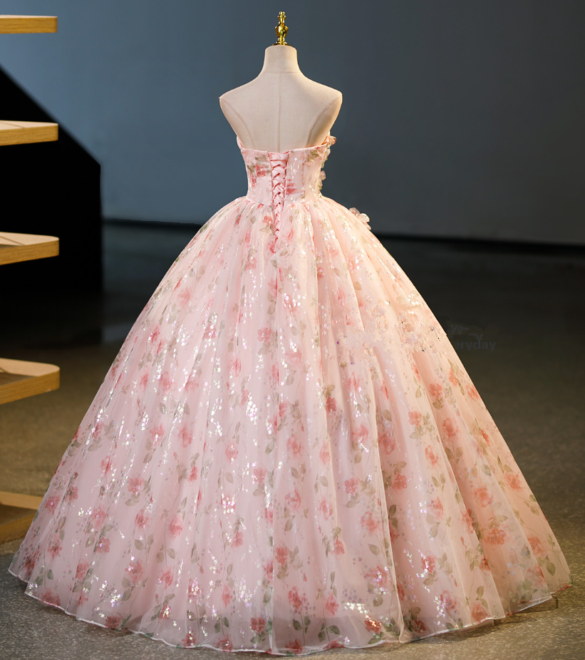 Pink Print Flower Ball Gown Tulle Quinceanera Dress DP680