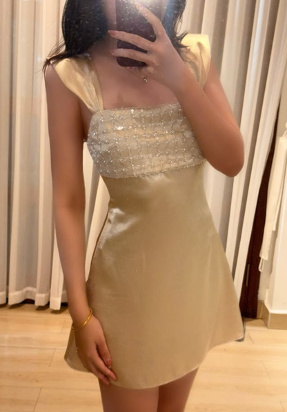 Champagne A Line Straps Exquisite Beaded Satin Short Prom Dress Homecoming Dress DP7927