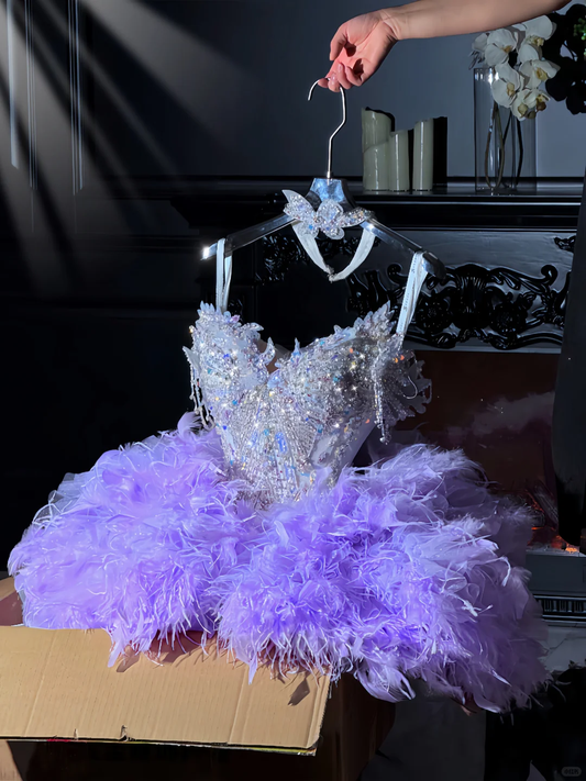 Stunning A Line Sweetheart Neck Beaded Purple Feather Tulle Short Homecoming Dress DP2639