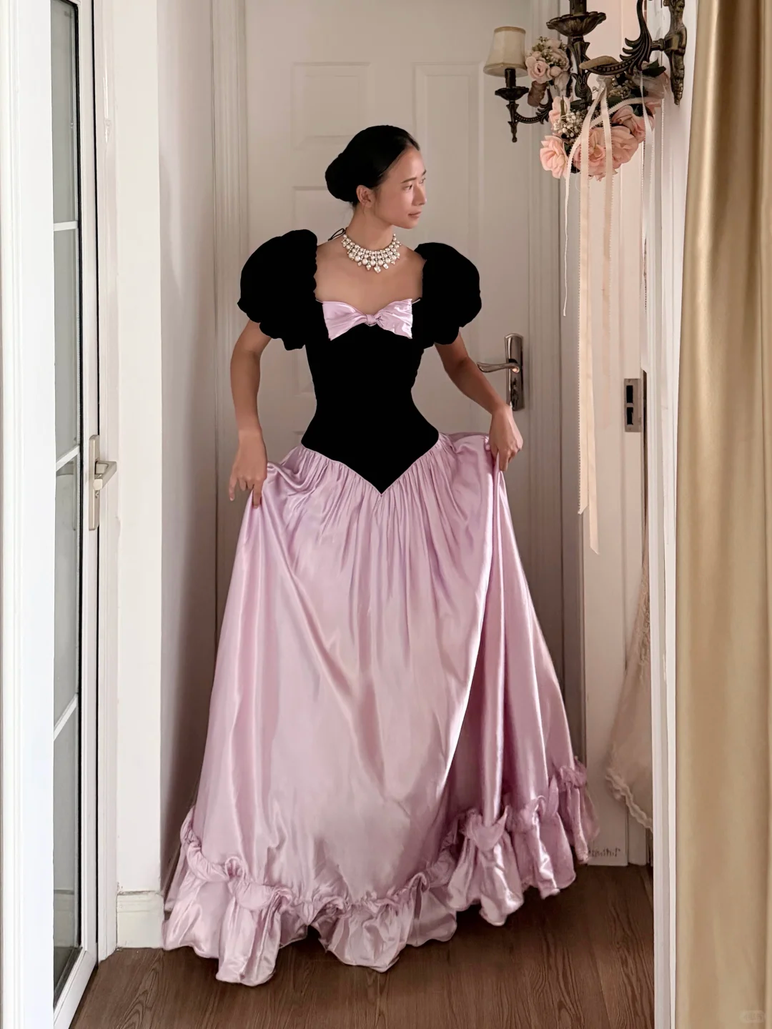 Retro Princess A Line Puff Sleeve Pink Satin Black Velvet Long Prom Dress Evening Dress DP6800