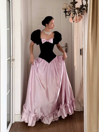 Retro Princess A Line Puff Sleeve Pink Satin Black Velvet Long Prom Dress Evening Dress DP6800