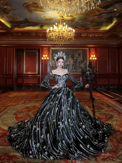 Luxurious Black Ball Gown Long Sleeve Shiny Sequin Long Prom Dress Evening Dress DP5381