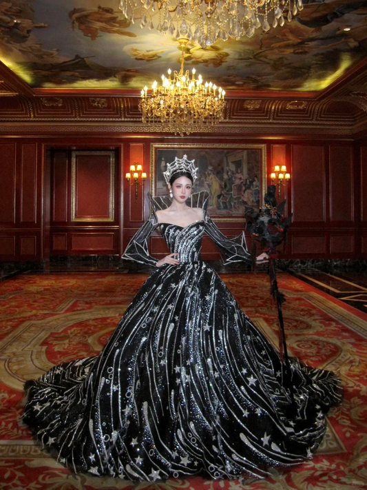 Luxurious Black Ball Gown Long Sleeve Shiny Sequin Long Prom Dress Evening Dress DP5381