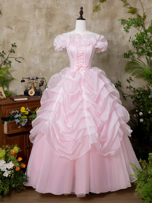 Pink Ball Gown Off the Shoulder Layered Lace Organza Prom Dress 16th Birthday Dress DP3565